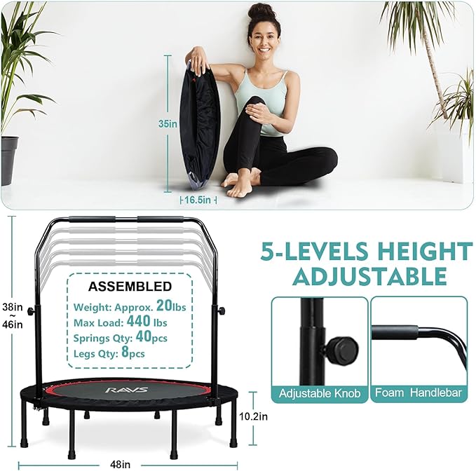 RAVS Mini Trampoline for Kids Adults 40"/48" Foldable 5 Levels