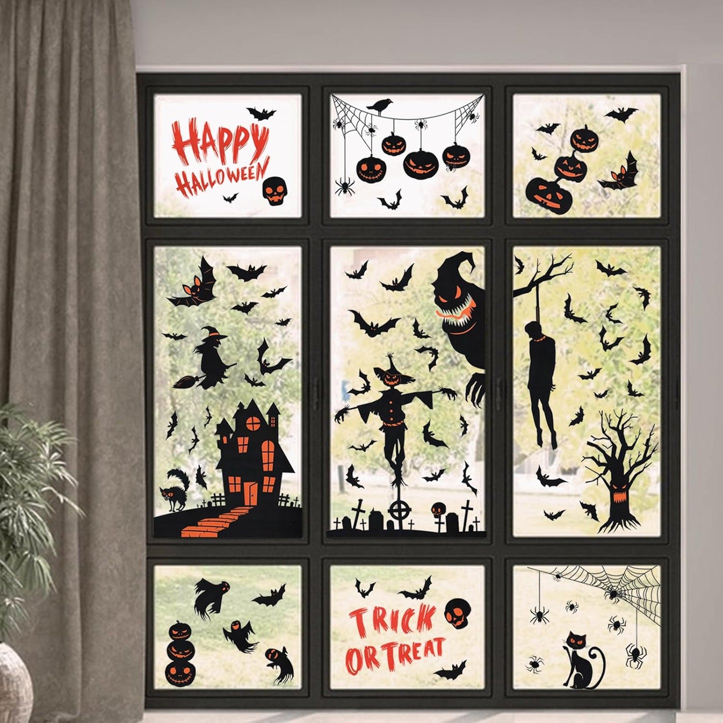 Halloween Window Clings, 9 Sheets Halloween Window Decorations Stickers Double-Sided Window Decal Scary Black Bat Ghosts Stickers,Happy Halloween Window Clings for Halloween Party Decoration