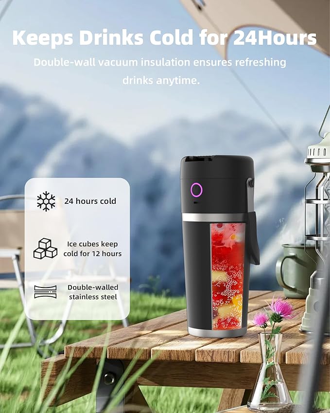 Portable Blender with Insulated Cup, Personal Blender for Smoothies, 11.1V high-torque Motor, LED Display, Stainless Steel Cup, Keep Cold 24 Hours, Self-cleaning, USB-C Rechargeable, 20 oz, Travel Lid