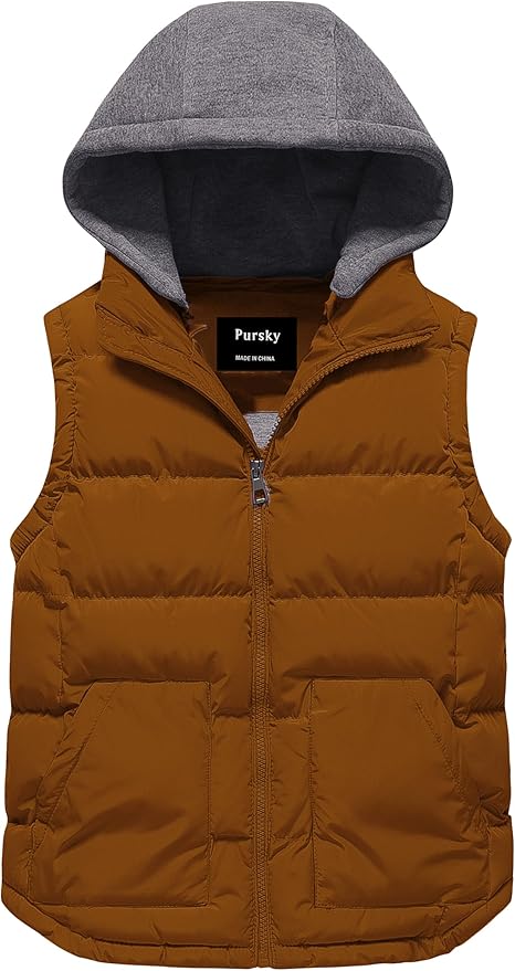 Pursky Girl's and Boy's Warm Puffer Vest Coat Water Resistant Sleeveless Jacket With Detachable Hood for 6-14Y