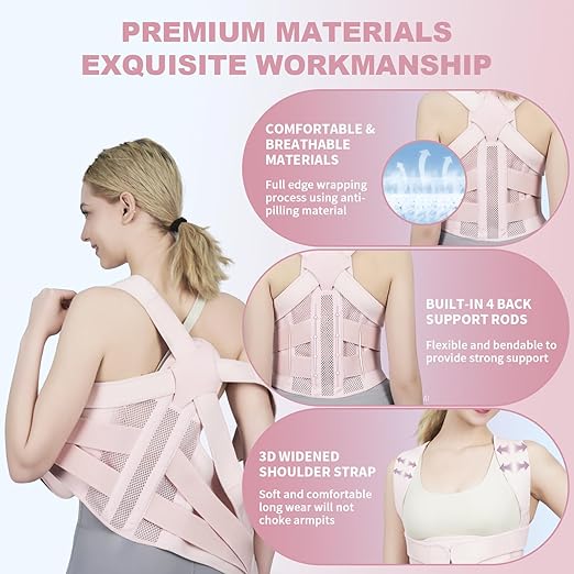 Posture Corrector for Women and Men Upgraded Back Brace, Adjustable Full Back Support for Upper and Lower Back Pain Relief, Shoulder Straightener for Hunchback, Scoliosis, Lumbar, Spine (Pink, Medium)