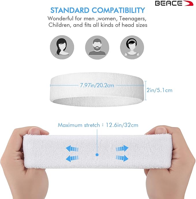 BEACE Sweatbands Sports Headband for Men & Women - Moisture Wicking Athletic Cotton Terry Cloth Sweatband for Tennis, Basketball, Running, Gym, Working Out