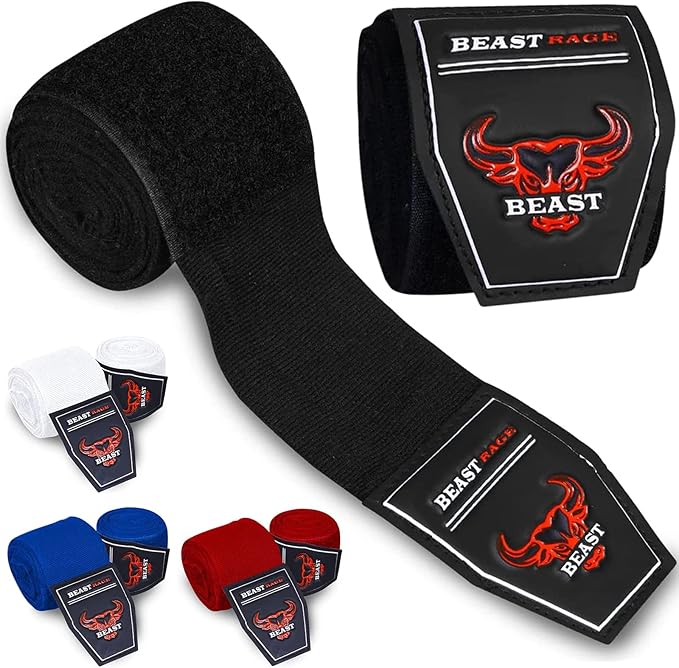 BEAST RAGE Boxing Hand Wraps 4.5 Meter Martial Arts Bandages Inner Gloves Wrist Support Straps Punching Under Hand Knuckles Heavy Elasticated Training Bag Mitts Muay Thai