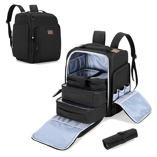 BAFASO Makeup Backpack with 4 Removable Pouches & 1 Brush Bag, Travel Makeup Case with Multiple Storage Spaces for Hair Supplies, Black