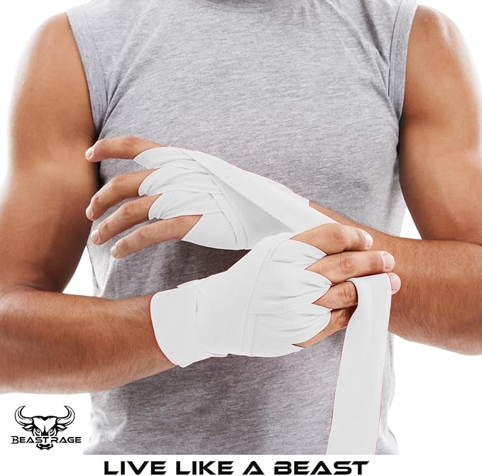 BEAST RAGE Boxing Hand Wraps 4.5 Meter Martial Arts Bandages Inner Gloves Wrist Support Straps Punching Under Hand Knuckles Heavy Elasticated Training Bag Mitts Muay Thai
