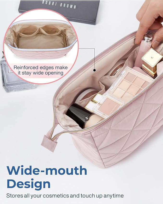 BAGSMART Makeup Bag Travel Cosmetic Bag, Puffy Padded Make Up Bags for Women Makeup Organizer Case, Wide-open Pouch Purse Travel Essentials Toiletries Accessories Brushes, (Beige)