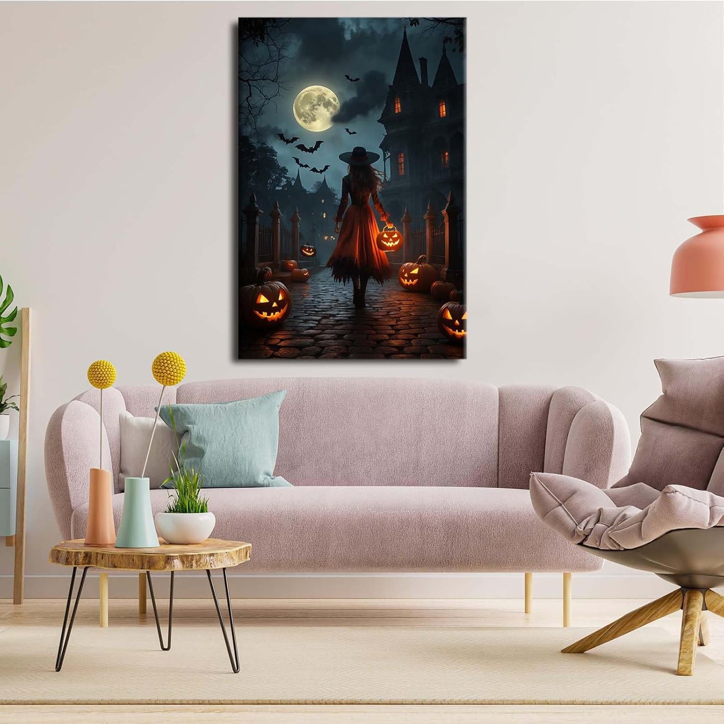 Halloween theme poster moonlit autumn night witch vintage poster art print dark college style gothic painting canvas wall decoration bedroom living room ideal gift12x16in Wood Framed
