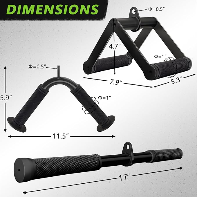 Double D Row Handle Cable Attachment for Weight Workout, Steel with Non-Slip Rubber Grip (Black)