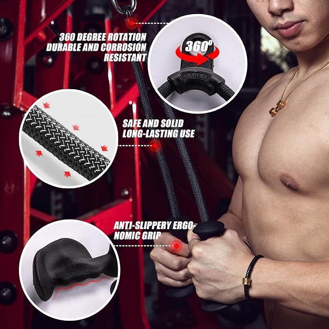 KKH Tricep Pull Down Attachment with Ergonomic Anti-Slip Handles, Tricep Rope Cable Attachment with Enhanced Grip to Relieve Wrist Strain, Versatile Rope Attachment for Cable Machine