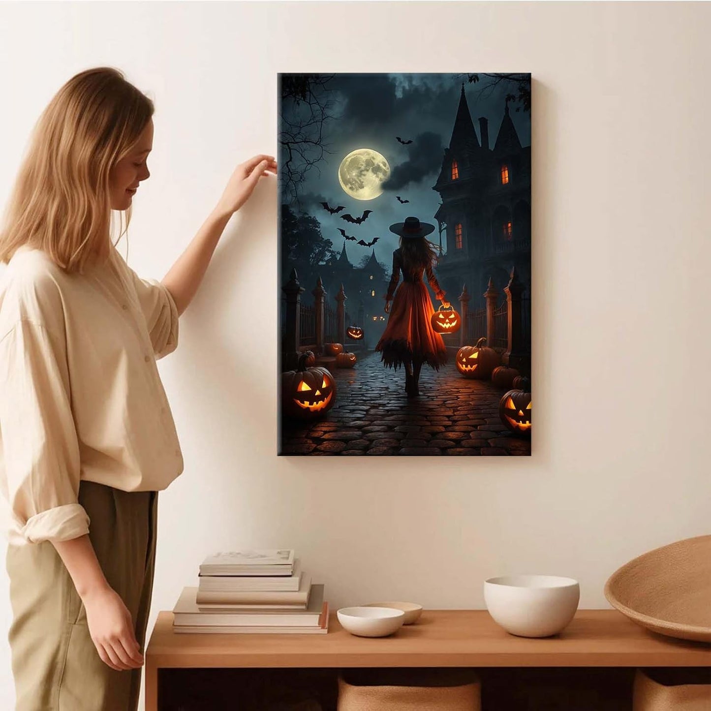 Halloween theme poster moonlit autumn night witch vintage poster art print dark college style gothic painting canvas wall decoration bedroom living room ideal gift16x24in Wood Framed