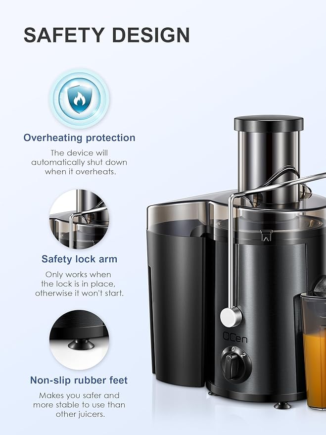 QCen Qcen Juicer Machine, 500W Centrifugal Juicer Extractor with Wide Mouth 3'' Feed Chute for Fruit Vegetable, Easy to Clean, Stainless Steel, BPA-free (Metallic Black)
