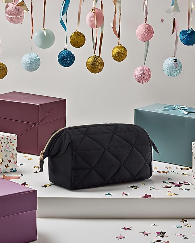 BAGSMART Makeup Bag Travel Makeup Bag, Cute Puffy Make Up Bag, Wide-open Cosmetic Bags for Women, Small Makeup Pouch for Travel Essentials Toiletries Accessories (Black)