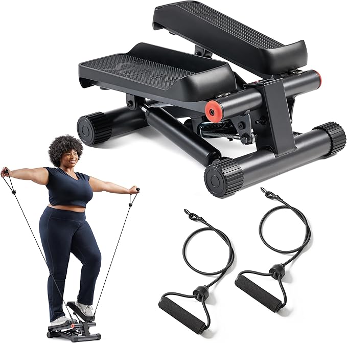Sunny Health & Fitness Mini Stepper for Exercise at Home, Stair Step Workout Machine with Resistance Band, Fullbody Cardio, Upgraded Over 300lb Weight Capacity, Optional Free SunnyFit App Connection
