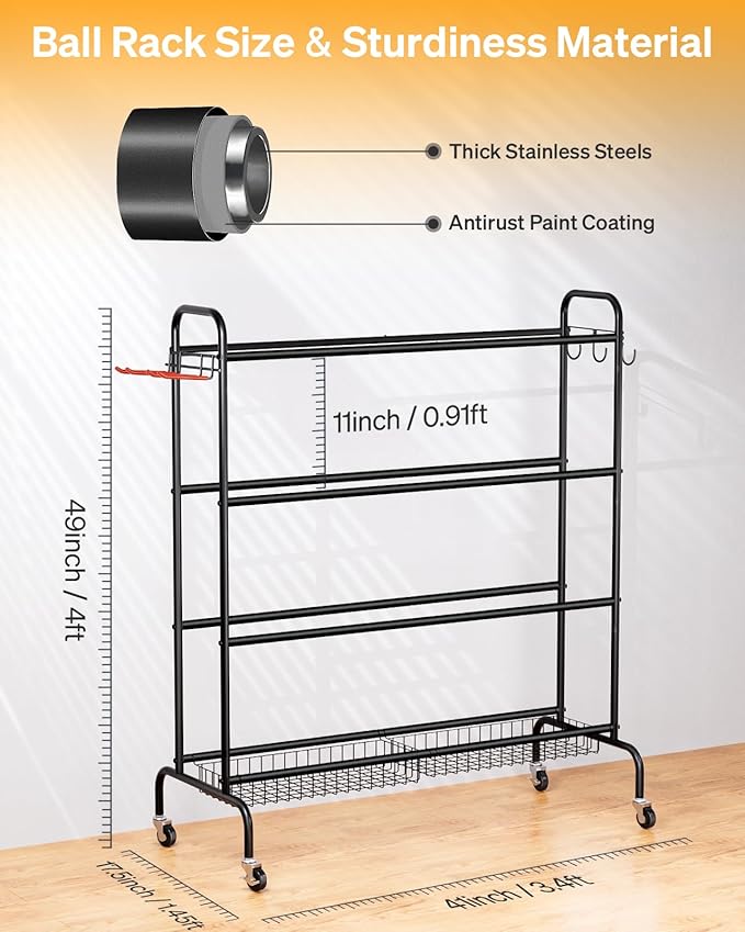 Basketball Rack, Rolling Basketball Shooting Training Stand,Sports Equipment Storage with Wheels, Four-Layer Organizer Holder with Two Basket for Basketballs Footballs Volleyball