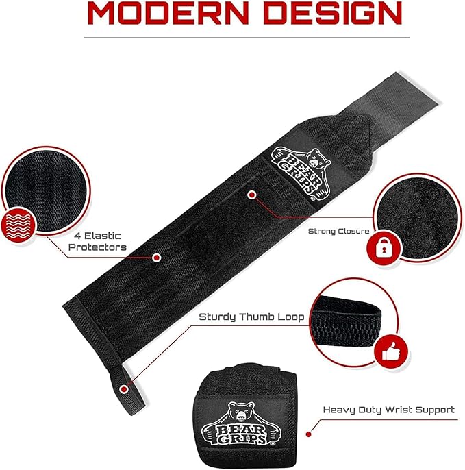 Bear Grips Wrist Wraps for Weightlifting | Weight Lifting Wrist Straps for Weightlifting | Extra Strength Gym Wrist Wraps | Two Wrist Wrap Per Pack | 12” & 18” | Lifting Wrist Wraps for Men & Women