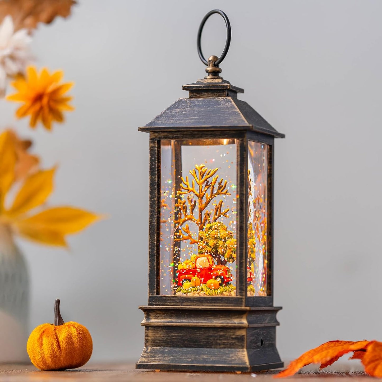 10'' Fall Snow Globe Lantern, Thanksgiving Lighted Lantern, Swirling Glitter Snow Globe for Fall Harvest Day Decorations, Home Fall Decor, Halloween and Gift (Truck&Pumpkins)