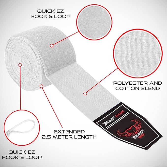 BEAST RAGE Boxing Hand Wraps 4.5 Meter Martial Arts Bandages Inner Gloves Wrist Support Straps Punching Under Hand Knuckles Heavy Elasticated Training Bag Mitts Muay Thai