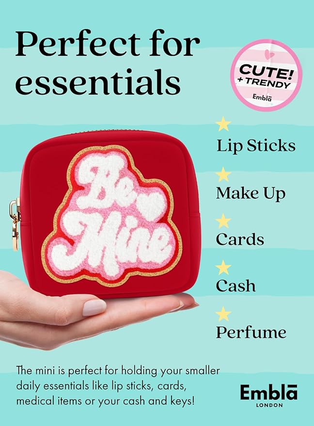 BE MINE Valentine Makeup Bag Travel Cosmetics Pouch and Toiletry Bag, Nylon Zipper Pouch Purse, Cute Make Up Organizer Storage Tote for Women Girls, Travel Skincare Case, Small Makeup Bags, Ruby Red