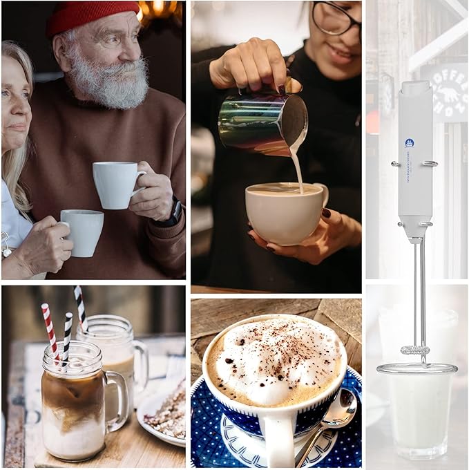 Powerful Milk Frother Handheld Foam Maker, Mini Whisk Drink Mixer for Coffee, Cappuccino, Latte, Matcha, Hot Chocolate, With Stand, White