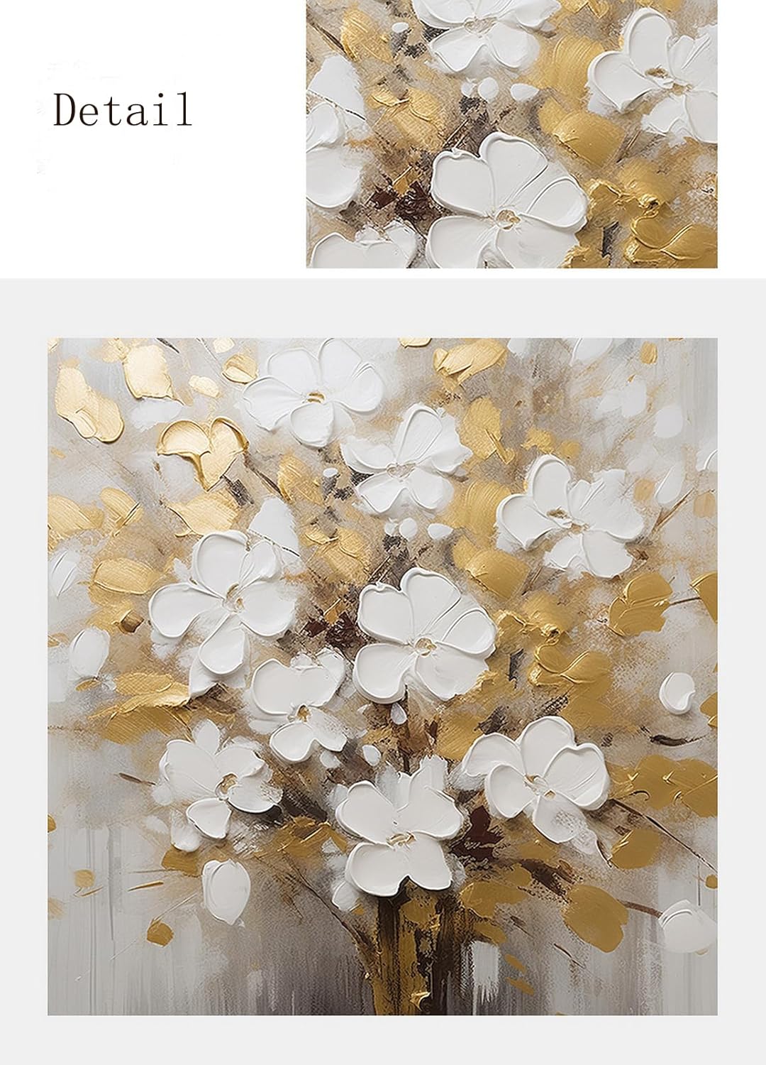 Hand-Painted White and Gold Flowers Painting On Canvas for Living Room,Large 3D Floral Wall Art for Office,Framed Golden Leaf Textured Artwork for Bedroom Girl's Room Wall Decor 30x48inch