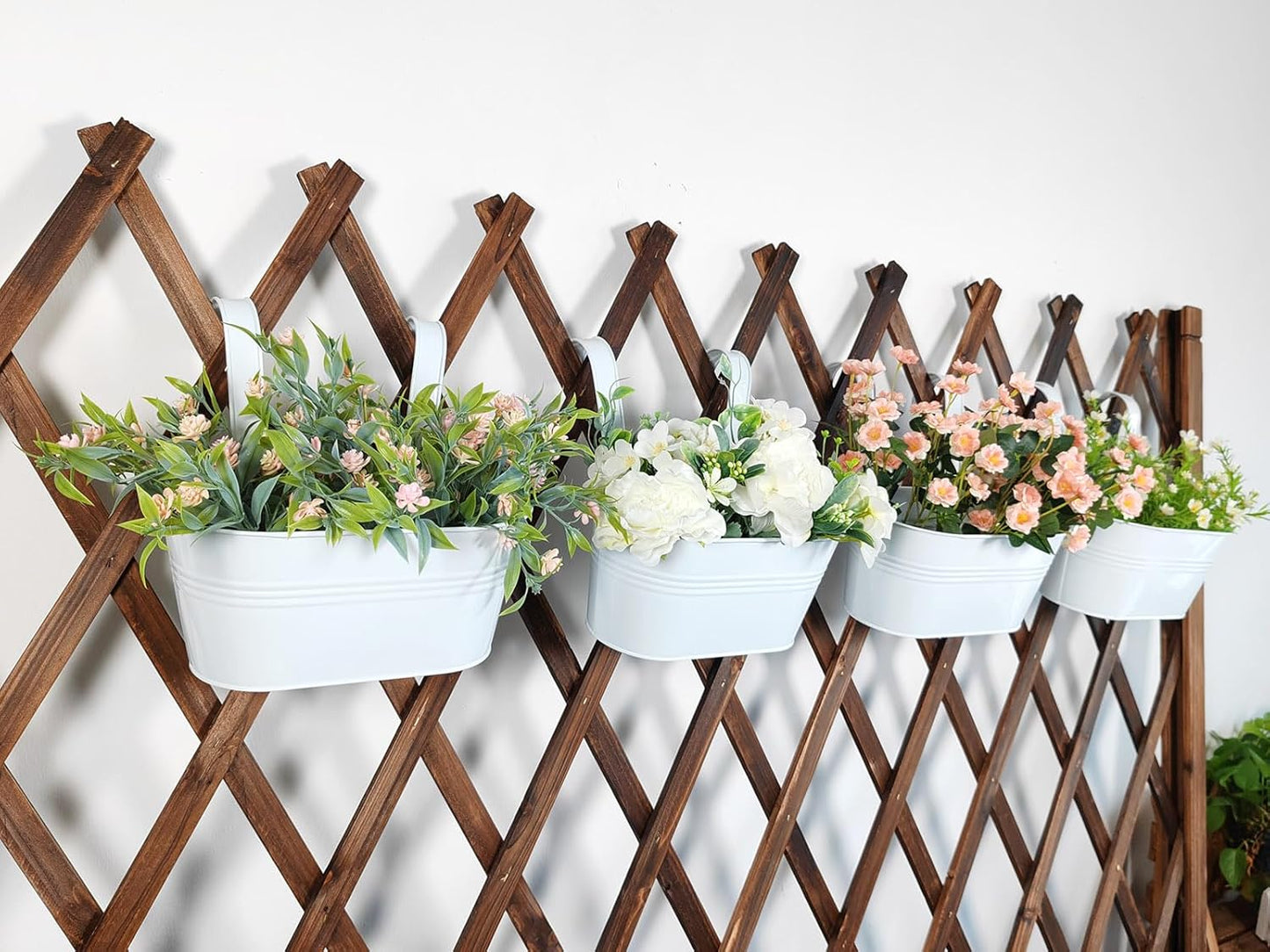 10" Hanging Flower Pots, Pack of 8 White Metal Outdoor Patio Balcony Planter, Railing Planters Fence Pot with Detachable Hook & Drainage Hole for Small Plants (White, 8Pcs)