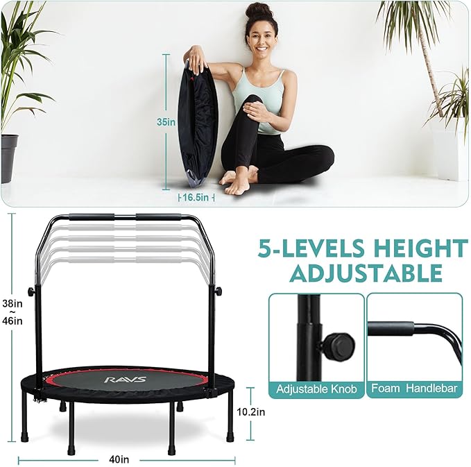 RAVS Mini Trampoline for Kids Adults 40"/48" Foldable 5 Levels