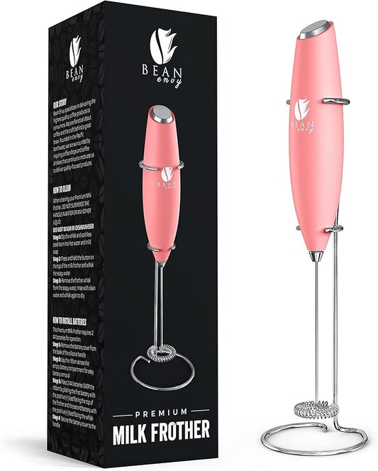 Bean Envy Milk Frother Handheld for Coffee - Electric Hand Blender, Mini Drink Mixer Whisk & Coffee Foamer Wand with Stand for Lattes, Cappuccino, Matcha and Hot Chocolate - Kitchen Gifts - Rose Pink