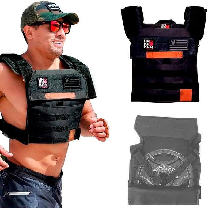 Unbrokenshop.com Adjustable Weighted Vest, WOD Cross Fitness, Weight Plates Carrier for Strength and Endurance Training and Running. For Men or for Women, 2 Patches Included [Black]