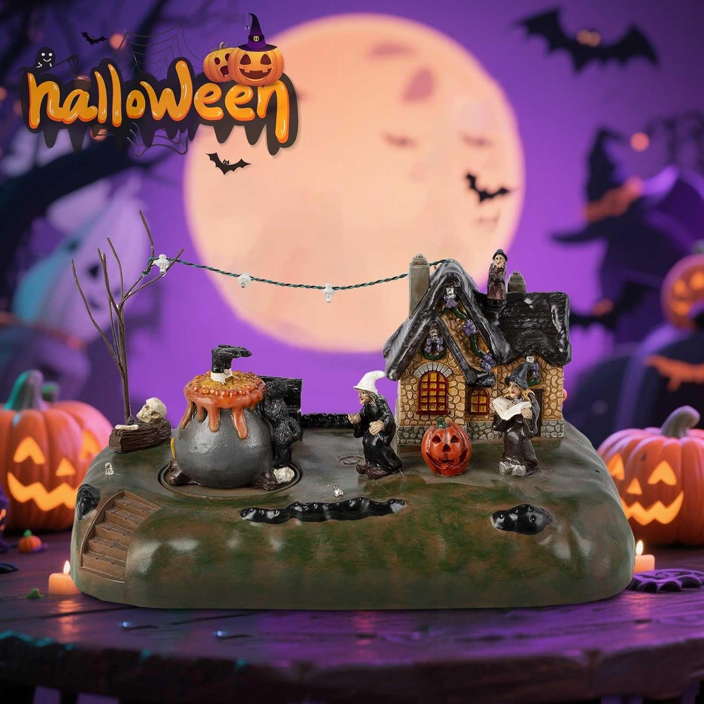 Halloween Village Witch Cauldron Bubble Figurine with Lit House Spooky Town Indoor Decoration Accessories for Holiday Display, Battery Operated