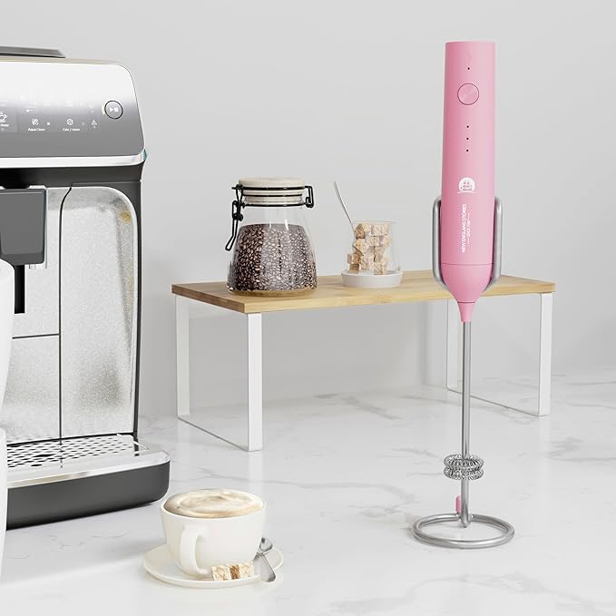 Rechargeable Milk Frother Wand with Stand, Foam Maker with Stainless Whisk, 3-Speeds Electric Handheld Drink Mixer for Coffee, Cappuccino, Latte, Matcha, Hot Chocolate (Pink)