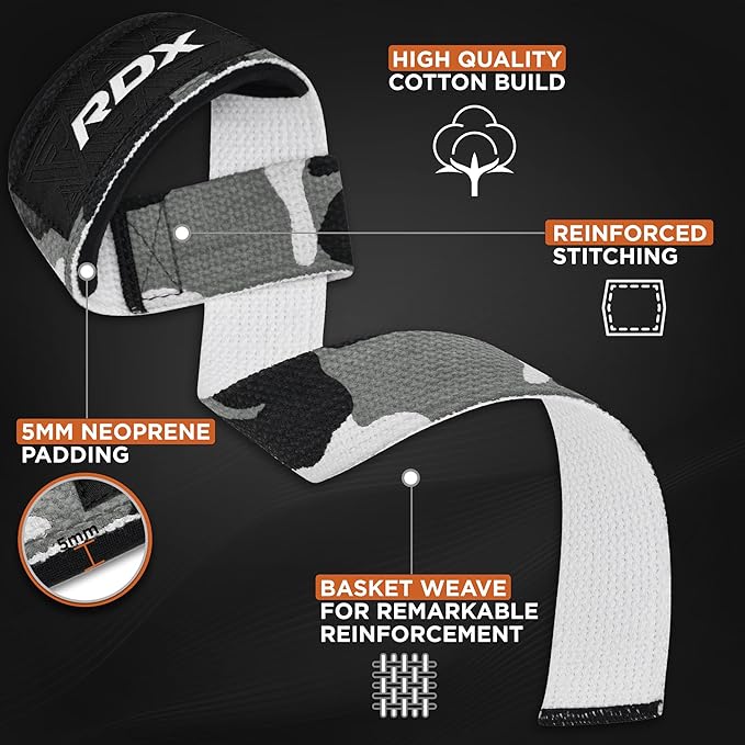 RDX Weight Lifting Straps Deadlifting Powerlifting, 5MM Neoprene Wrist Support, Anti Slip 60CM Hand Bar Grip, Heavy Duty Bodybuilding Weightlifting Workout, Soft Cotton, Strength Training Gym Fitness