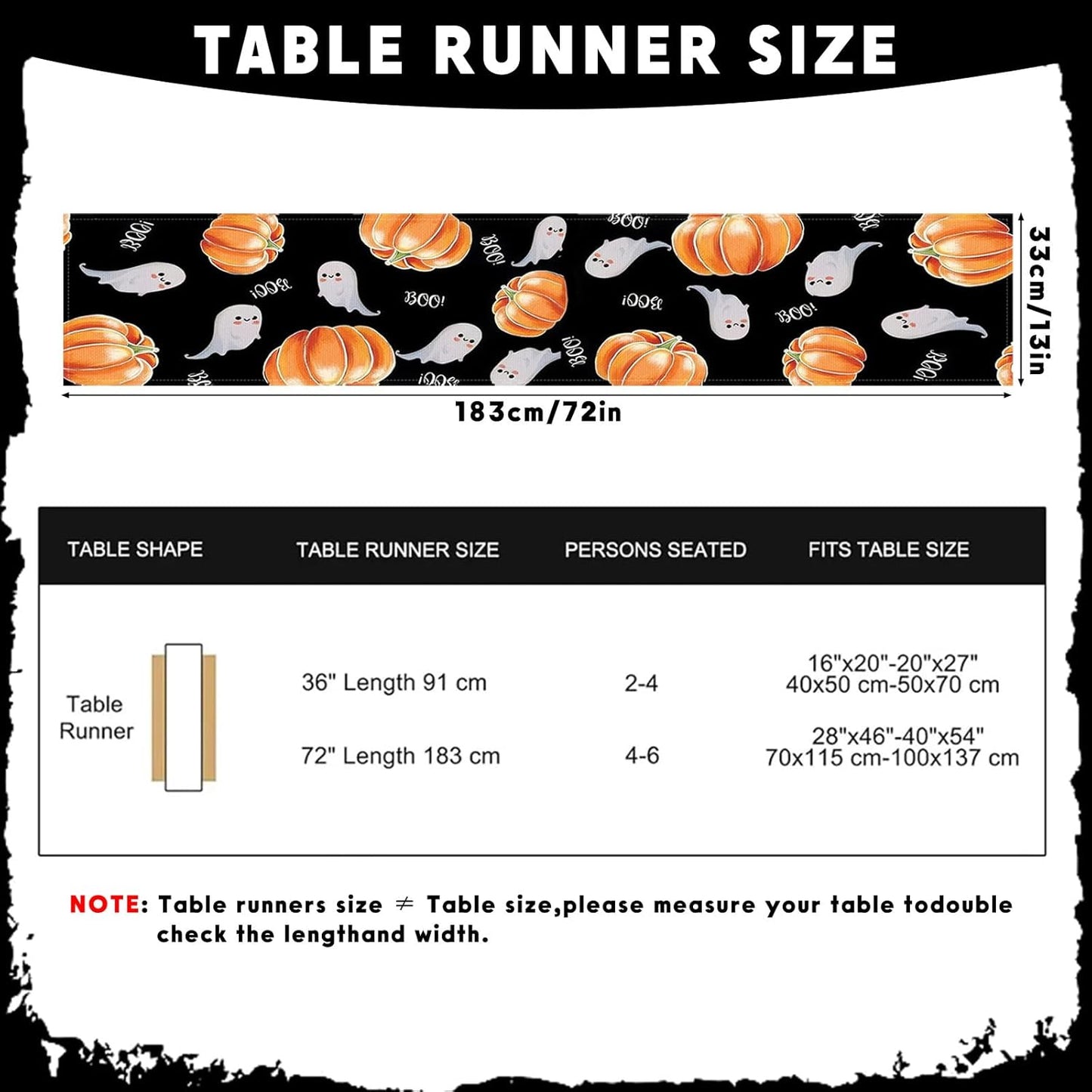 Halloween Table Runner Spooky Ghost Pumpkin Table Runner for Home Party Holiday Indoor Outdoor Table Decoration Halloween Table Decoration Kitchen Dining Table Decor 13 x 72 Inch (Black)