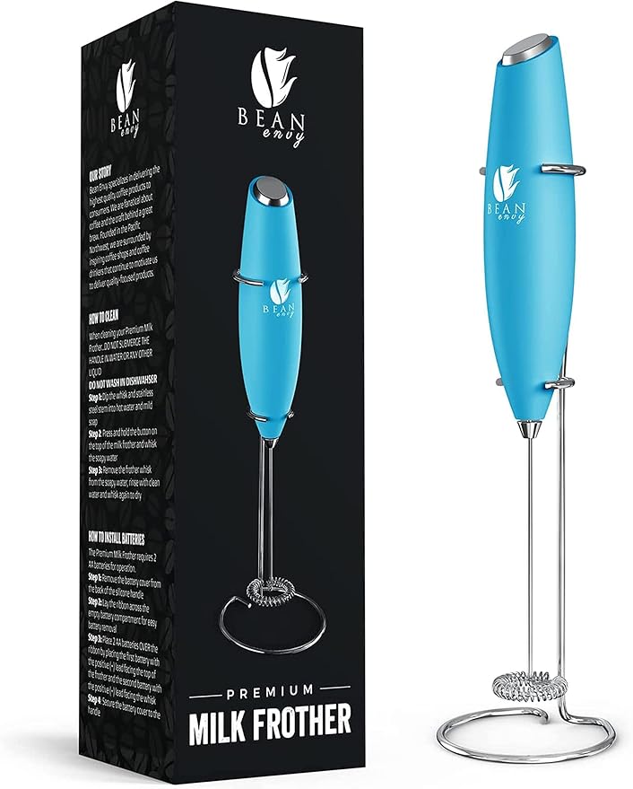 Bean Envy Milk Frother Handheld for Coffee - Electric Hand Blender, Mini Drink Mixer Whisk & Coffee Foamer Wand with Stand for Lattes, Cappuccino, Matcha and Hot Chocolate - Kitchen Gifts - Light Blue