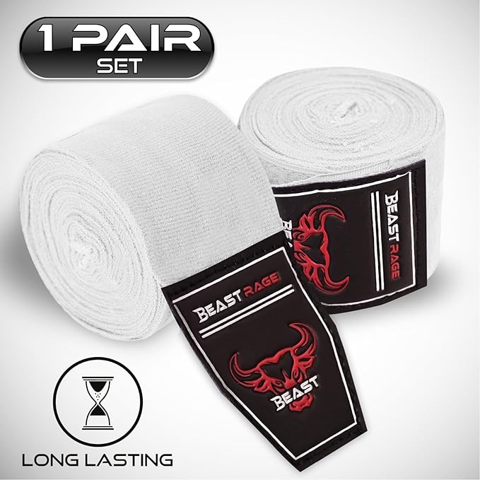 BEAST RAGE Boxing Hand Wraps 4.5 Meter Martial Arts Bandages Inner Gloves Wrist Support Straps Punching Under Hand Knuckles Heavy Elasticated Training Bag Mitts Muay Thai