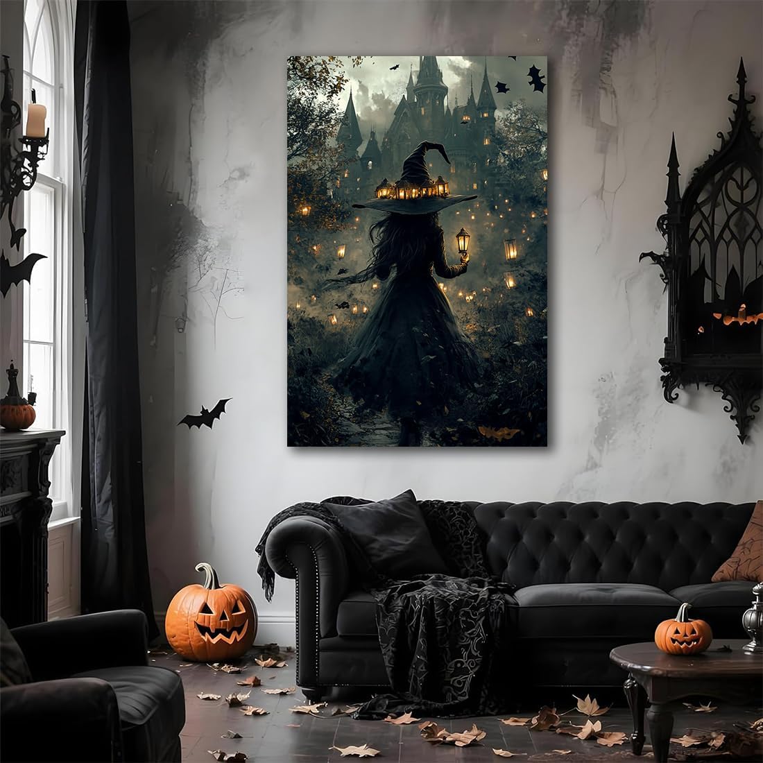 Halloween Witch and Haunted House Canvas Wall Art,Dark Academia Scary Witch Castle Posters Prints,Thriller Horror Gothic Wall Decor Pictures for Halloween Party House Decoration,24"x36" Unframed