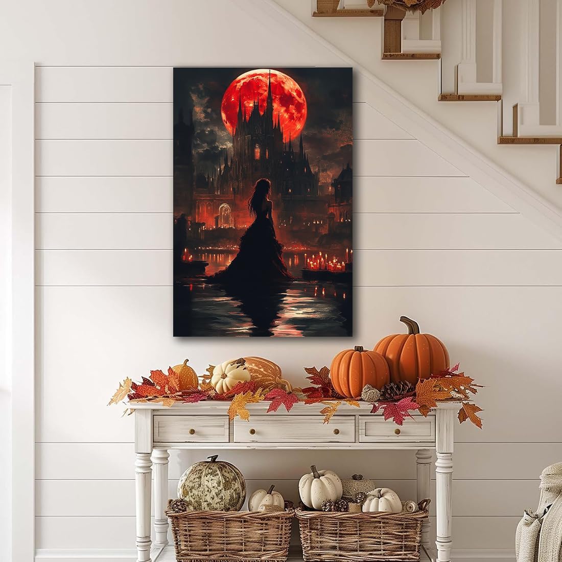 Halloween Witch Poster Canvas Prints Art Vintage Decor,Red Castle Blood Moon and Witch Scene Gothic Painting,Rustic Dark Academia Wall Art for Bathroom Spooky Living Room Wall Decor,16"x24" Framed