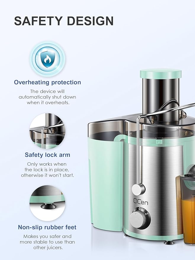 QCen Juicer Machine, 800W Centrifugal Juicer Extractor with Wide Mouth 3” Feed Chute for Fruit Vegetable, Easy to Clean, Stainless Steel, BPA-free (Aqua)