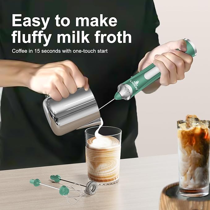 Rechargeable Frother Wand with Stand, Milk Frother with Detachable Stainless Steel Double Rings Whisk, 3-Speed Handheld Electric Drink Mixer for Lattes, Cappuccino, Coffee (Green)