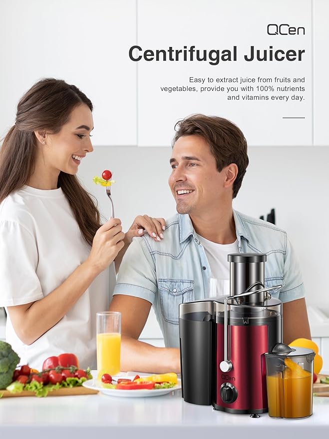 QCen Qcen Juicer Machine, 500W Centrifugal Juicer Extractor with Wide Mouth 3'' Feed Chute for Fruit Vegetable, Easy to Clean, Stainless Steel, BPA-free (Metallic Red)