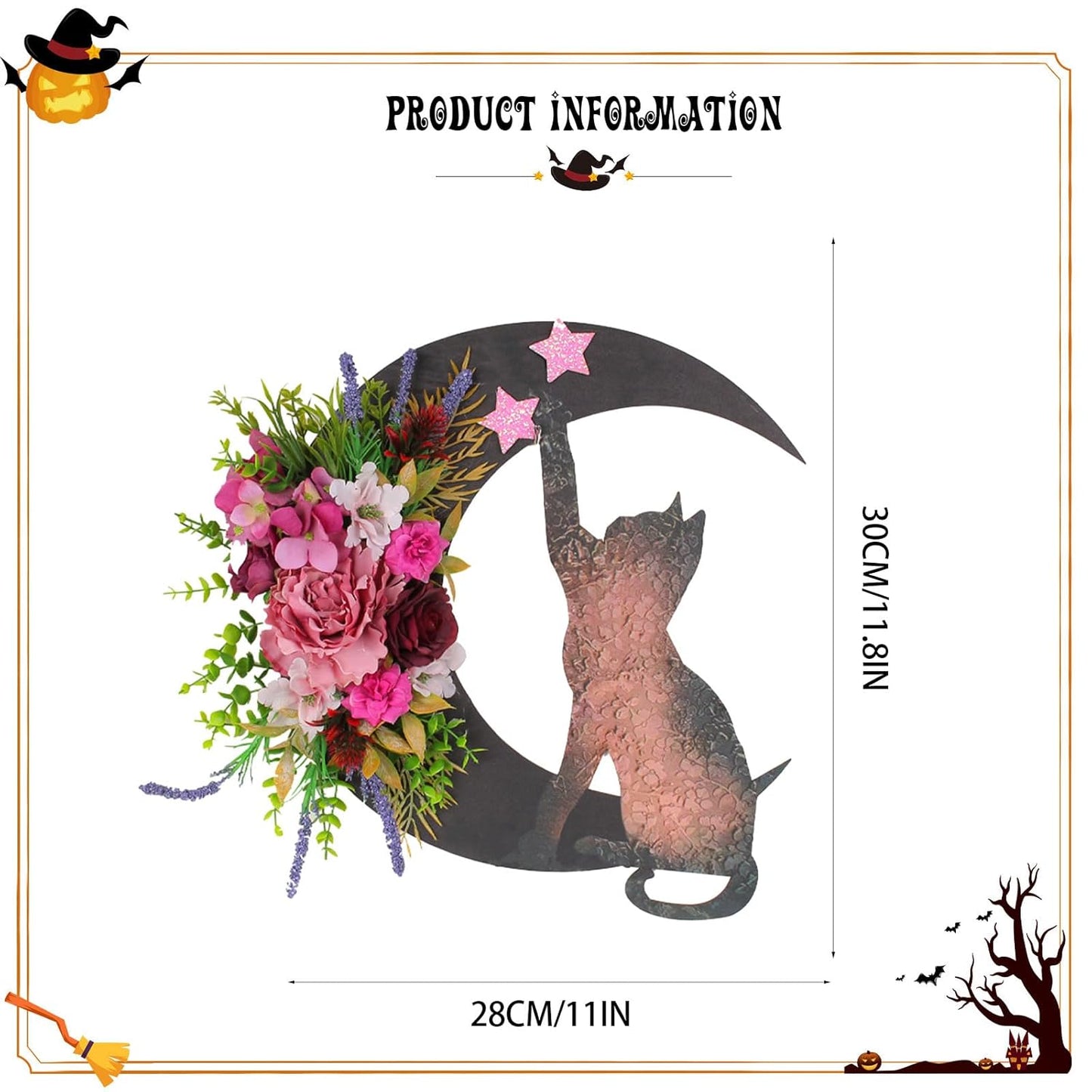 Halloween Wreaths for Front Door with Light, Black Cat Crescent Moon Wreath, Cute Cat Garland Halloween Door Decorations for Outdoor Indoor Decor Wall Window Home Party