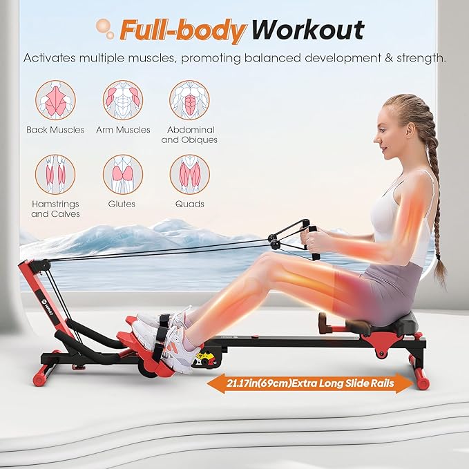 Rowing Machine, 4 in 1 Rowing and Ab Machine with 2 Levels of Workout Resistance, Quiet & Foldable Rower Machine with 3 Adjustable Handle Heights & LCD Monitor, Row Machine for Home Exercise