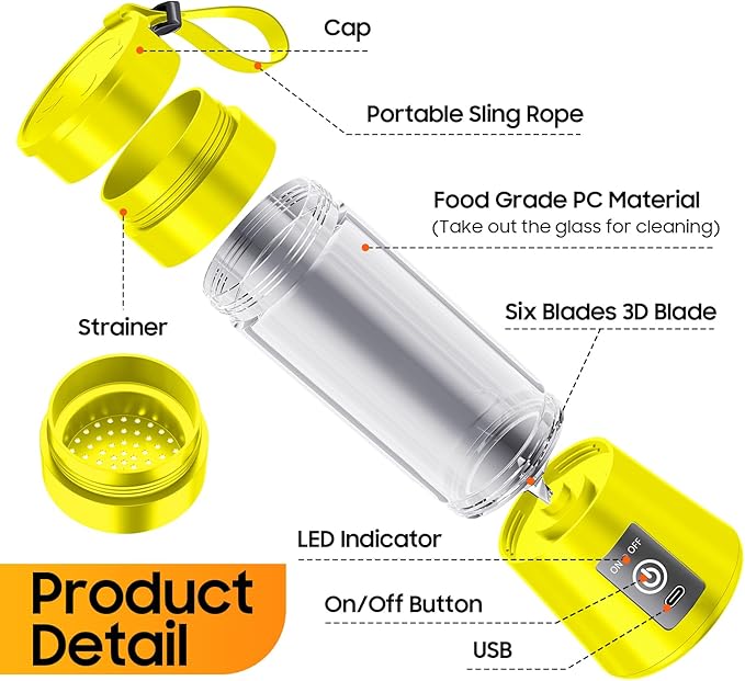 Personal Blender for Shakes and Smoothies - 2025 Upgraded 14 Oz Portable Blender with 6 Blades, Cordless & Type-C USB Rechargeable, BAP Free Juice Cup Freshly Squeezed for Picnic/Sprots