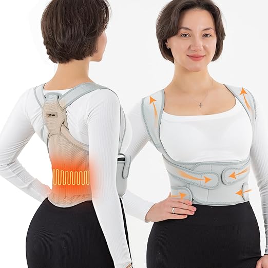 Back Brace Posture Corrector for Women and Men with Heating Pad, Adjustable Full Back Support Brace, Back Heating Pad for Pain Relief - Scoliosis, Hunchback, Spine Corrector (Gray, Large)