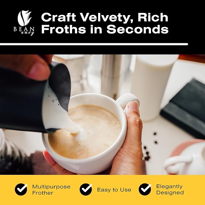 Bean Envy Milk Frother Handheld for Coffee - Electric Hand Blender, Mini Drink Mixer Whisk & Coffee Foamer Wand with Stand for Lattes, Cappuccino, Matcha and Hot Chocolate - Kitchen Gifts - White