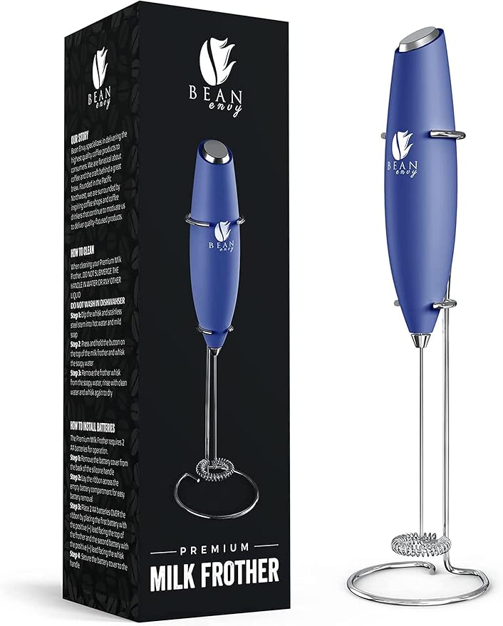 Bean Envy Milk Frother Handheld for Coffee - Electric Hand Blender, Mini Drink Mixer Whisk & Coffee Foamer Wand with Stand for Lattes, Cappuccino, Matcha and Hot Chocolate - Kitchen Gifts - Blue