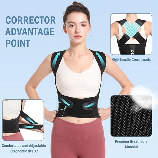 Posture Corrector,Suitable for Men and Women Upper and Lower Back Pain Relief - Scoliosis, Hunchback, Eicgo Adjustable Posture Corrector belt,Comfortable and Breathable Back Straightener (Black, Medium)