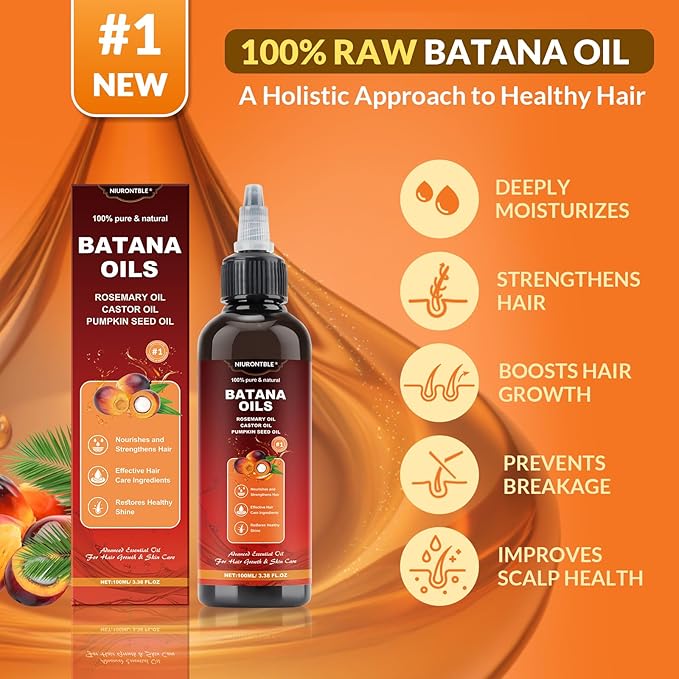 Batana Oil for Hair Growth Dr Sebi - 4-in-1 100% Pure & UnrefinedHonduran Oil with Rosemary, Castor,Nourishes, Enhances Hair Thickness, Prevents Loss, Eliminates Split Endsfor All Hair Types (100ML)