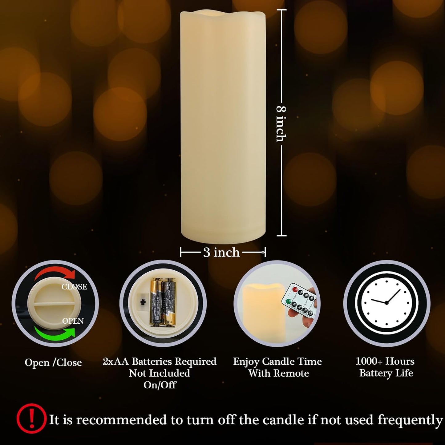 1 Pack 3" x 8" Outdoor Flameless Candles with Remote and Timer, Battery Operated Flickering LED Flameless Pillar Candles for Wedding Home Decoration, Ivory, Plastic