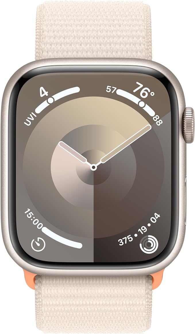Apple Watch Series 9 [GPS 45mm] Smartwatch with Starlight Aluminum Case with Starlight Sport Loop One Size. Fitness Tracker, ECG Apps, Always-On Retina Display, Carbon Neutral