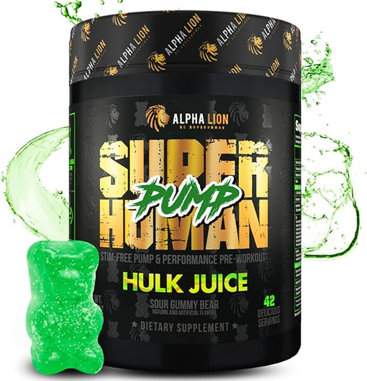 ALPHA LION Superhuman Pump Pre Workout Powder, Nootropic Caffeine & Stim Free Preworkout Supplement, Nitric Oxide Booster, Muscle Gainer, Energy & Focus (42 Servings, Hulk Juice Flavor)